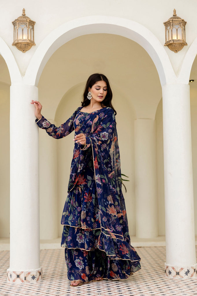 Blue Ready-to-Wear Georgette 3-Layer Ruffle Saree with Floral Digital Print & Lace Border  Stitched Blouse Included ClothsVilla