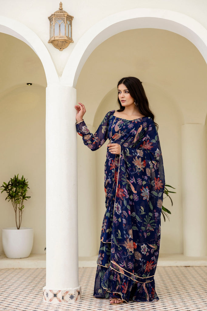 Blue Ready-to-Wear Georgette 3-Layer Ruffle Saree with Floral Digital Print & Lace Border  Stitched Blouse Included ClothsVilla