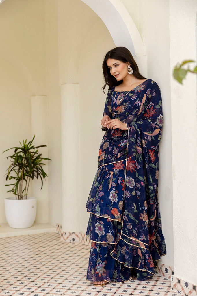 Blue Ready-to-Wear Georgette 3-Layer Ruffle Saree with Floral Digital Print & Lace Border  Stitched Blouse Included ClothsVilla