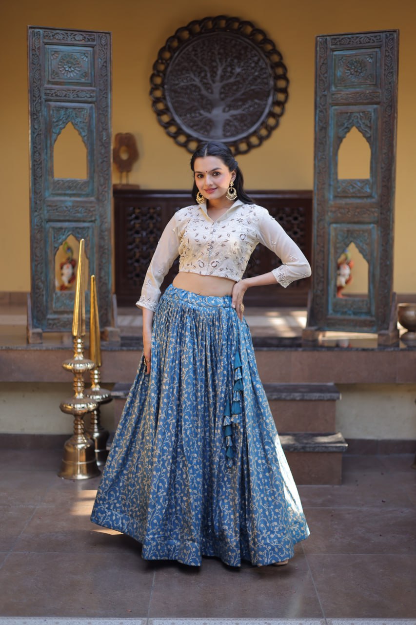 Blue Ready-to-Wear Jacquard Lehenga ClothsVilla