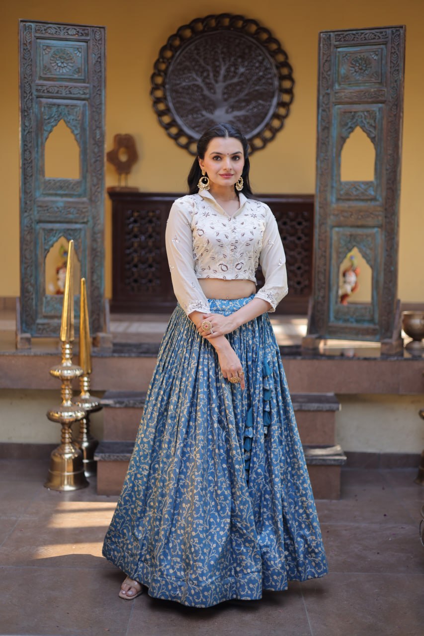 Blue Ready-to-Wear Jacquard Lehenga ClothsVilla