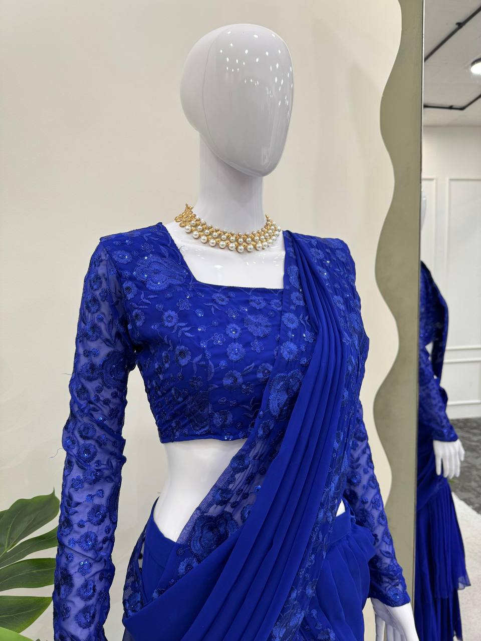 Blue Ready-to-Wear Ruffle Style Lehenga Saree in Faux Georgette with Thread & Sequin Work ClothsVilla
