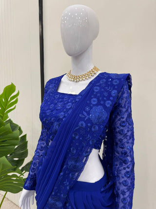 Blue Ready-to-Wear Ruffle Style Lehenga Saree in Faux Georgette with Thread & Sequin Work ClothsVilla