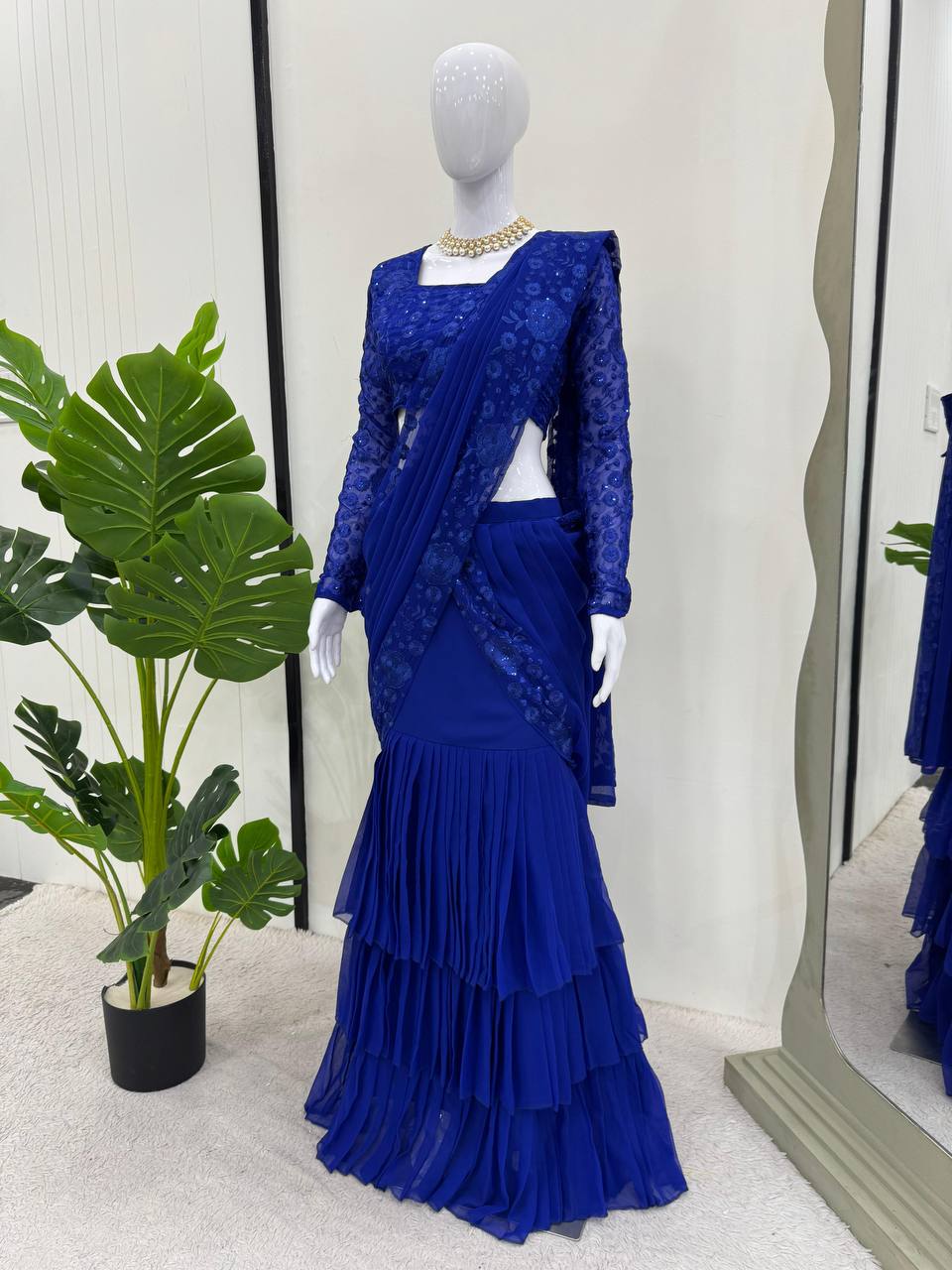 Blue Ready-to-Wear Ruffle Style Lehenga Saree in Faux Georgette with Thread & Sequin Work ClothsVilla