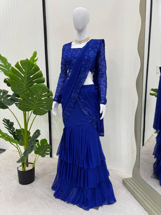 Blue Ready-to-Wear Ruffle Style Lehenga Saree in Faux Georgette with Thread & Sequin Work ClothsVilla