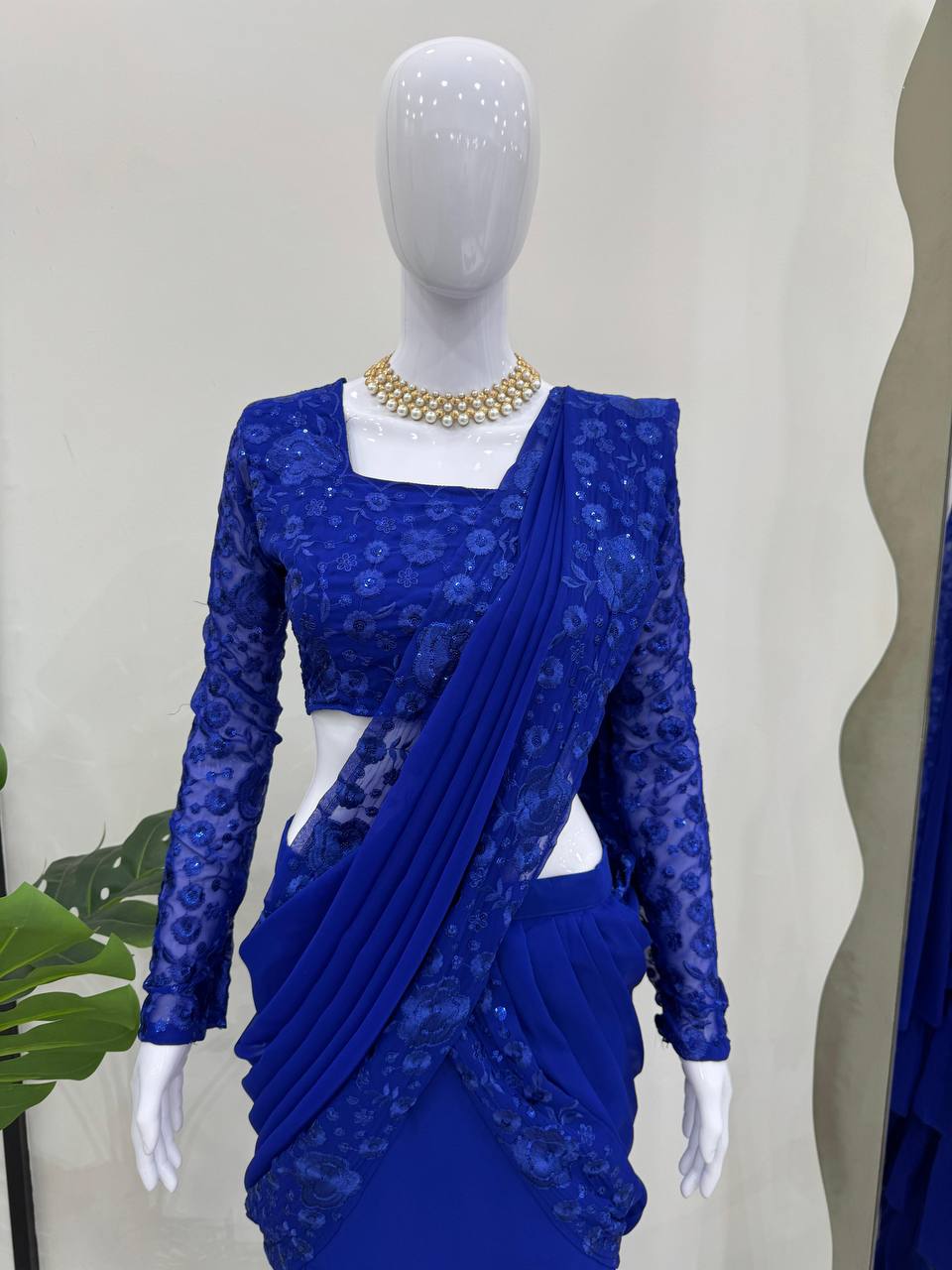 Blue Ready-to-Wear Ruffle Style Lehenga Saree in Faux Georgette with Thread & Sequin Work ClothsVilla