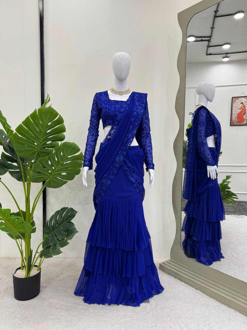 Blue Ready-to-Wear Ruffle Style Lehenga Saree in Faux Georgette with Thread & Sequin Work ClothsVilla
