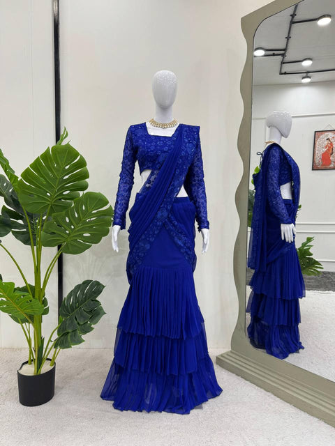 Blue Ready-to-Wear Ruffle Style Lehenga Saree in Faux Georgette with Thread & Sequin Work ClothsVilla Main image