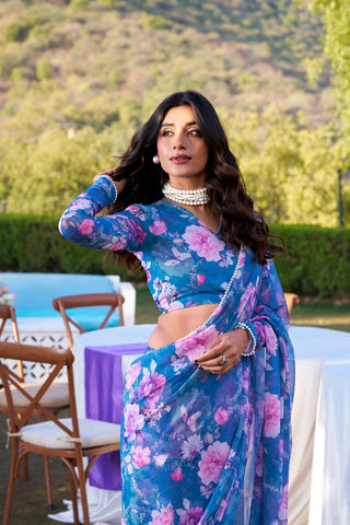 Blue Refined Beauty Weightless Marble Printed Saree with Pearl Lace Border Clothsvilla