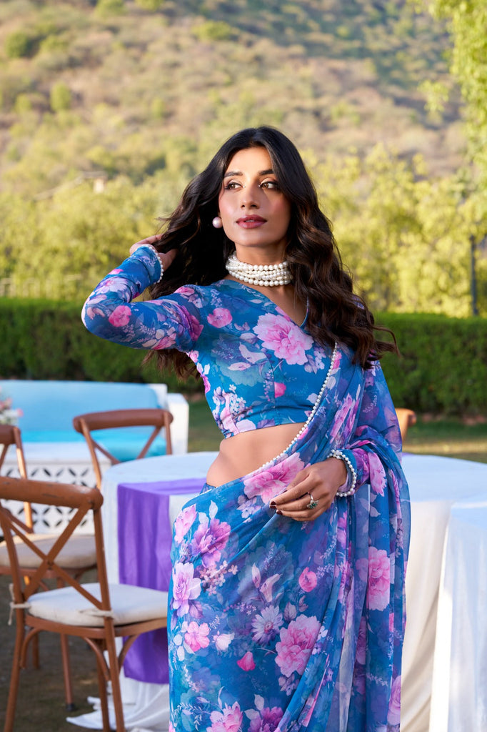 Blue Refined Beauty Weightless Marble Printed Saree with Pearl Lace Border Clothsvilla