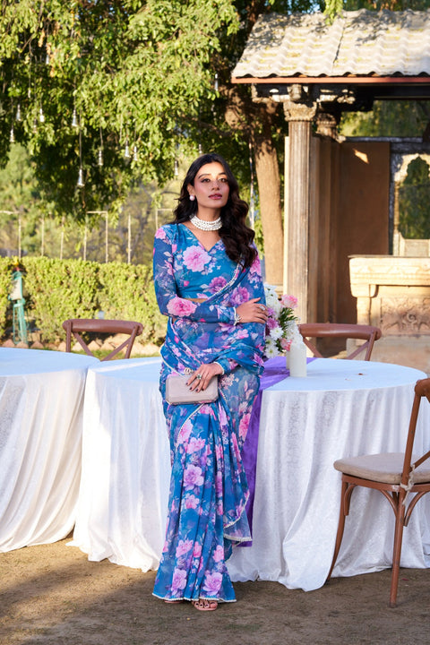 Blue Refined Beauty Weightless Marble Printed Saree with Pearl Lace Border Clothsvilla Main image