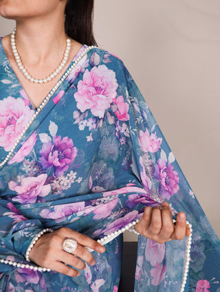 Blue Refined Beauty Weightless Marble Printed Saree with Pearl Lace Border