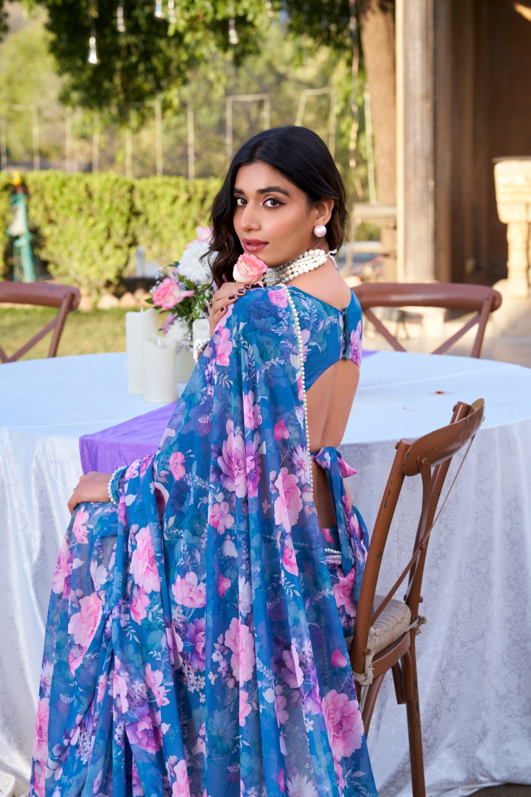 Blue Refined Beauty Weightless Marble Printed Saree with Pearl Lace Border Clothsvilla
