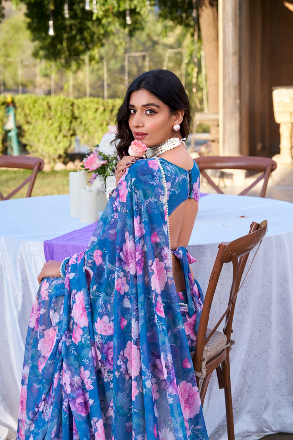 Blue Refined Beauty Weightless Marble Printed Saree with Pearl Lace Border Clothsvilla