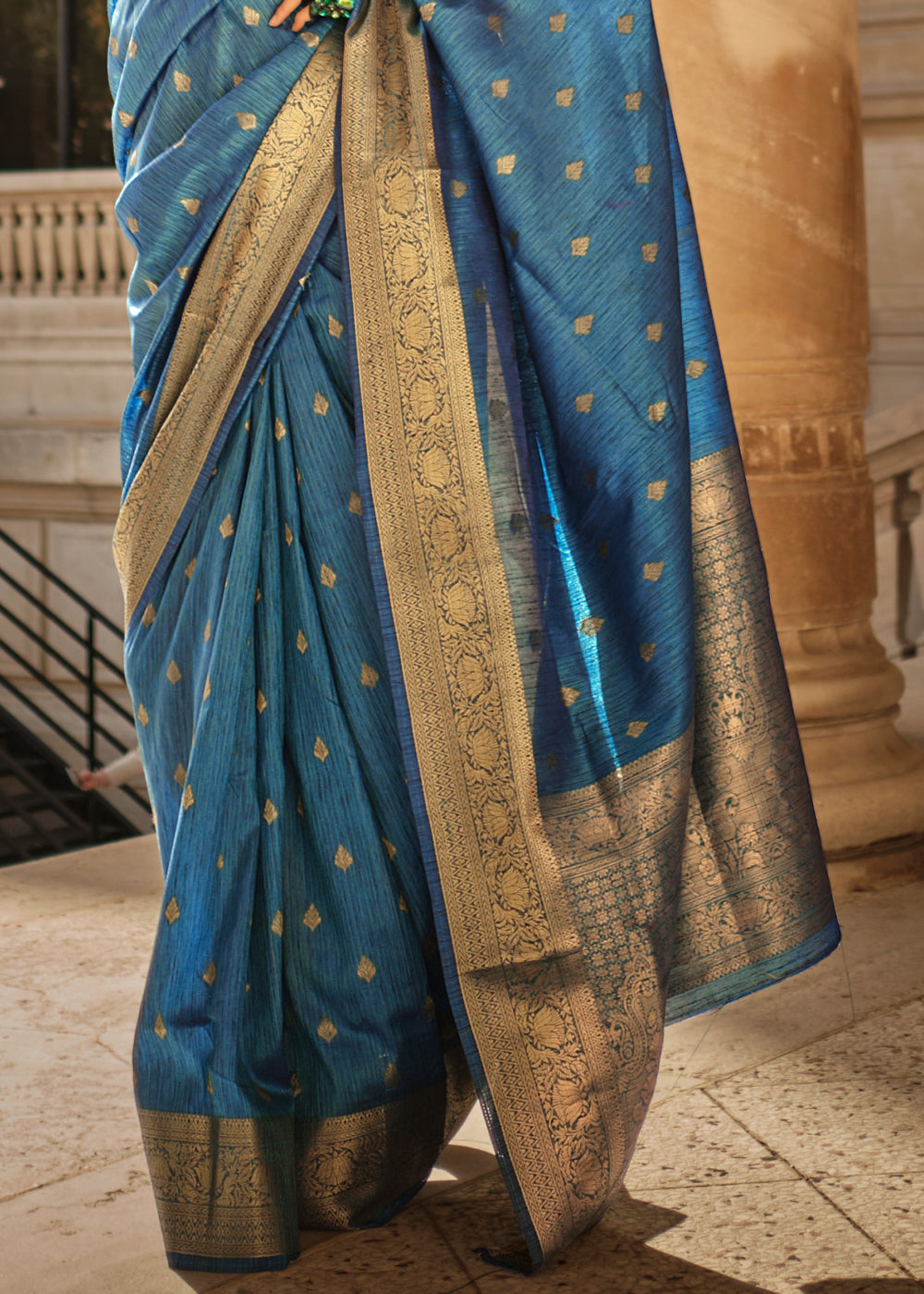 Blue Regal Banarasi Blended Silk Saree with Intricate Timeless Design & Unstitched Blouse ClothsVilla