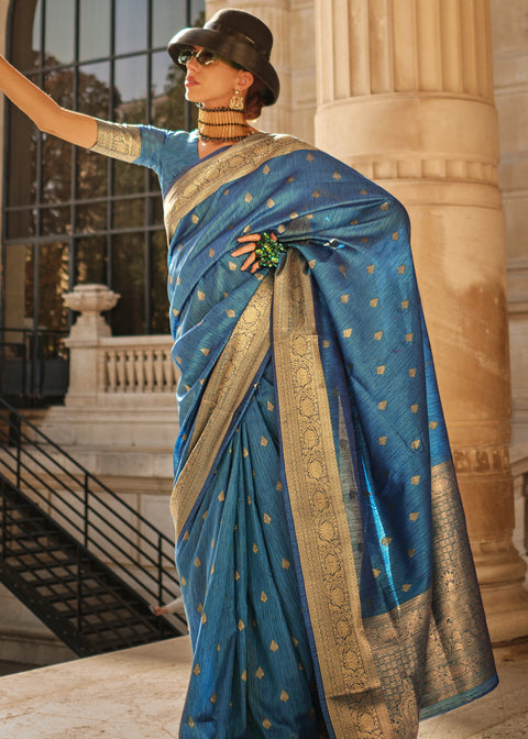 Blue Regal Banarasi Blended Silk Saree with Intricate Timeless Design & Unstitched Blouse ClothsVilla Main image