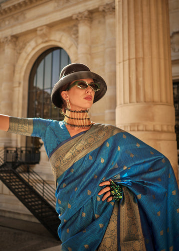 Blue Regal Banarasi Blended Silk Saree with Intricate Timeless Design & Unstitched Blouse ClothsVilla