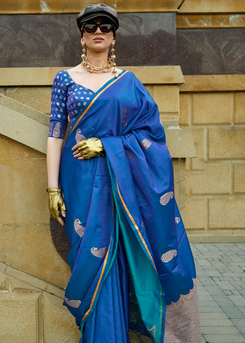 Blue Regal Banarasi Satin Silk Saree – Timeless Elegance ClothsVilla Main image