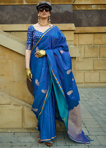 Blue Regal Banarasi Satin Silk Saree – Timeless Elegance ClothsVilla