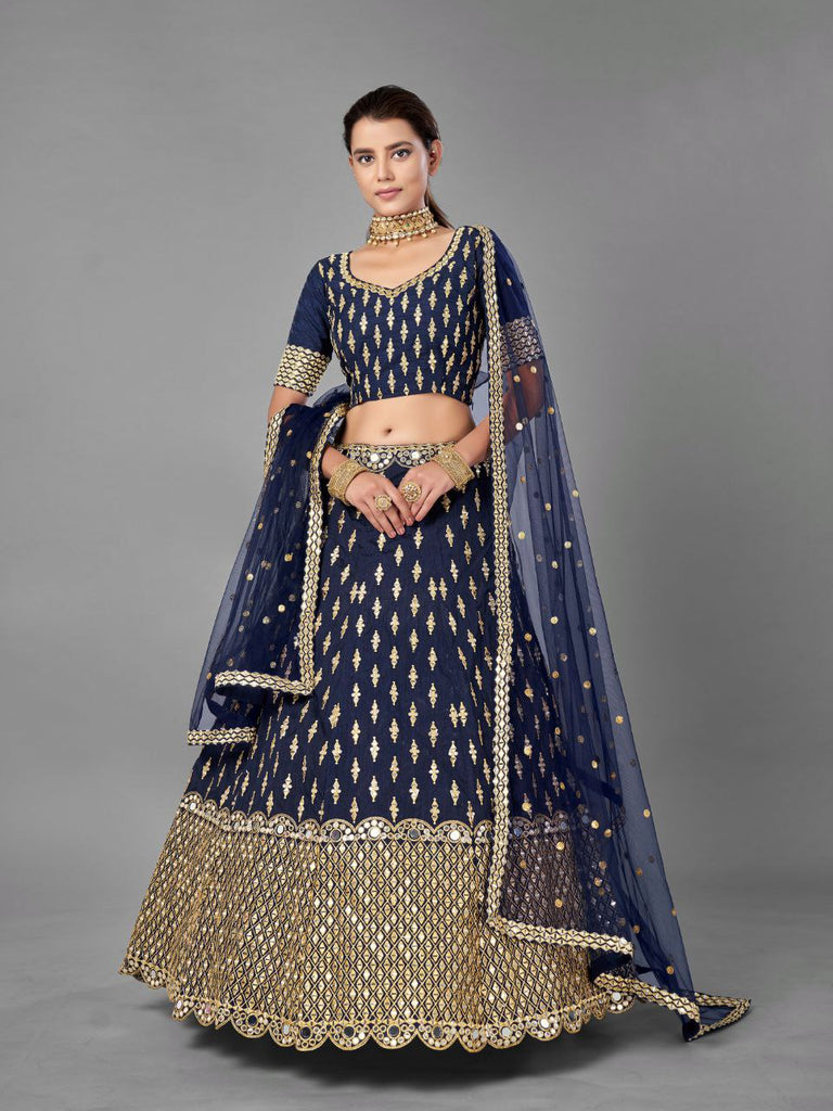 Blue Regal Banglori Silk Lehenga Set with Heavy Zari, Foil & Real Mirror Work ClothsVilla