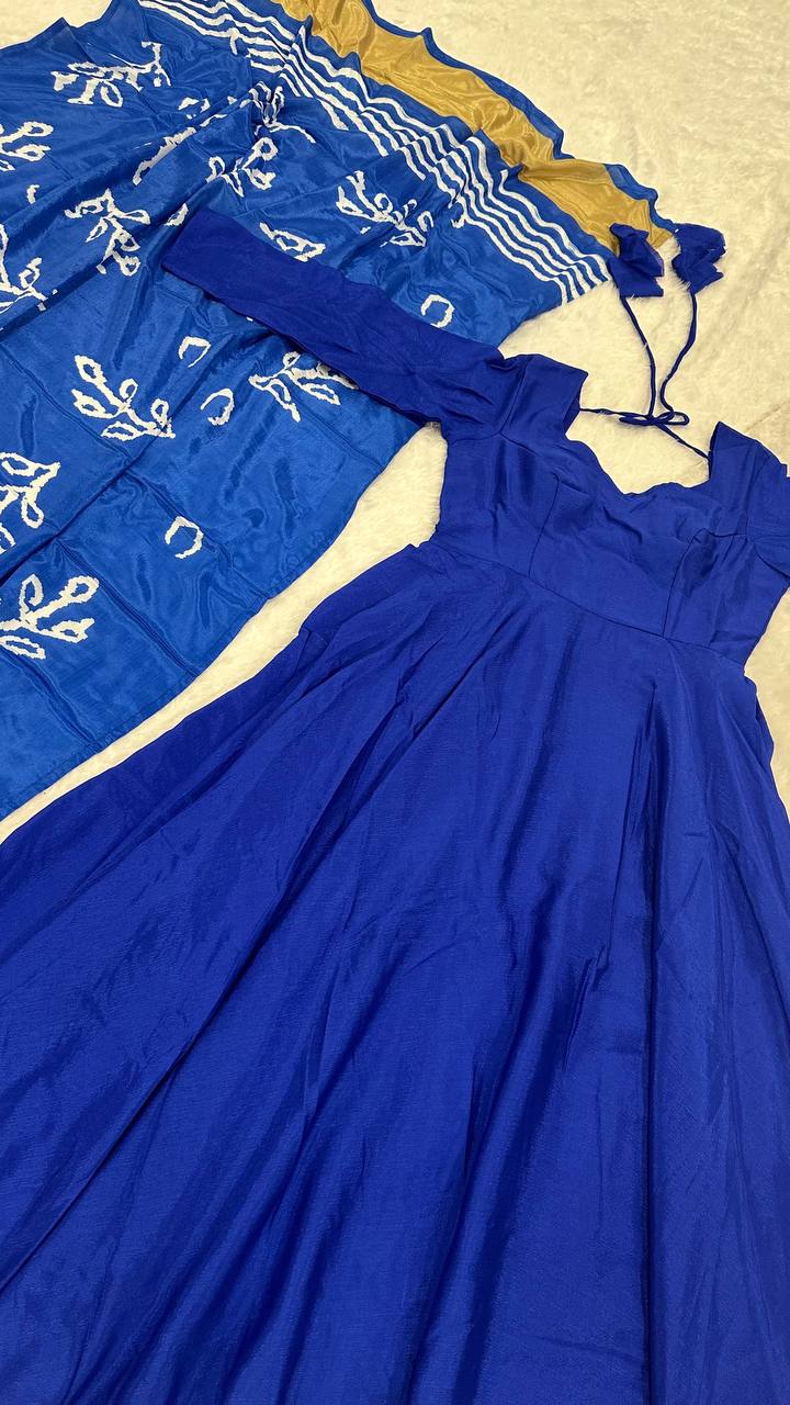 Blue Regal Chinon Silk Anarkali Gown with Digital Print Dupatta ClothsVilla
