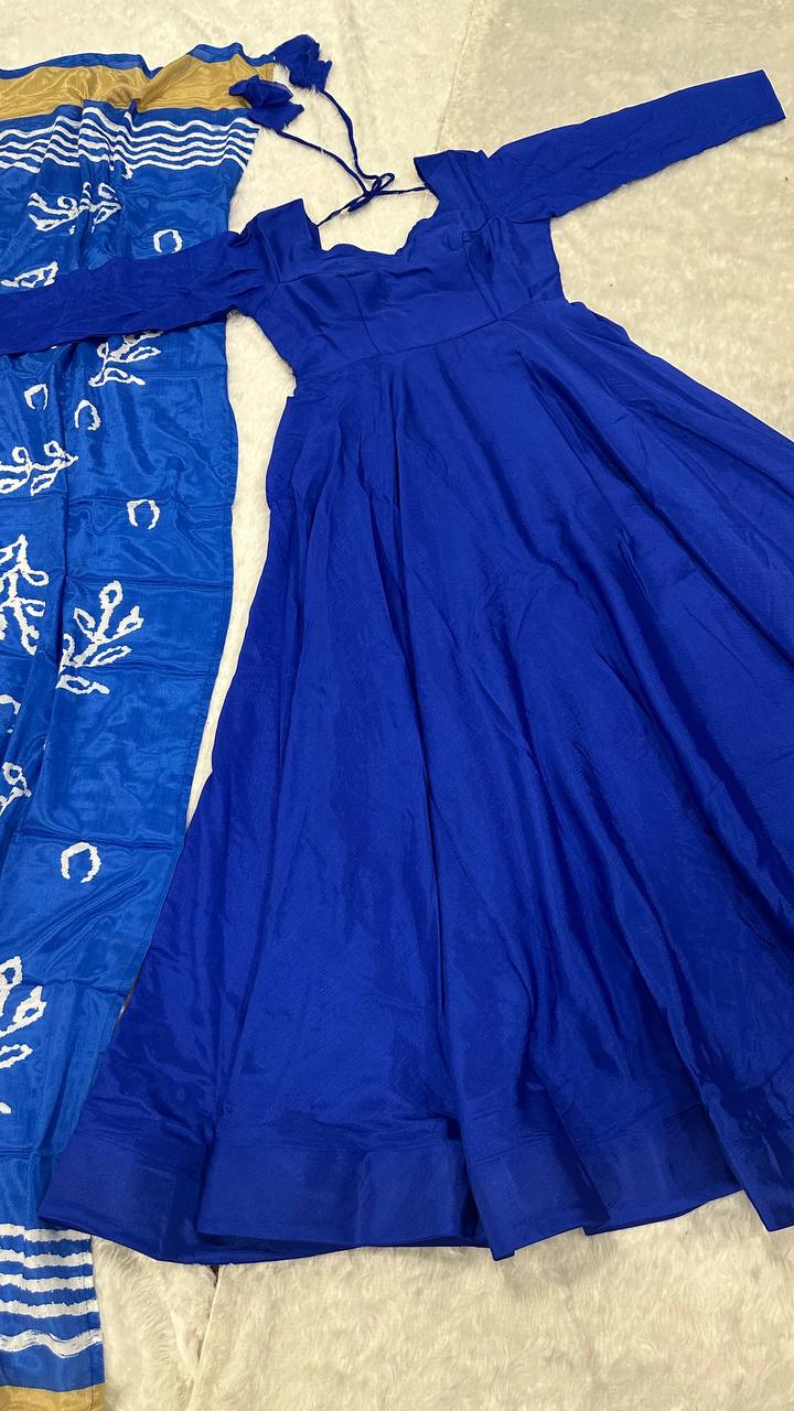 Blue Regal Chinon Silk Anarkali Gown with Digital Print Dupatta ClothsVilla