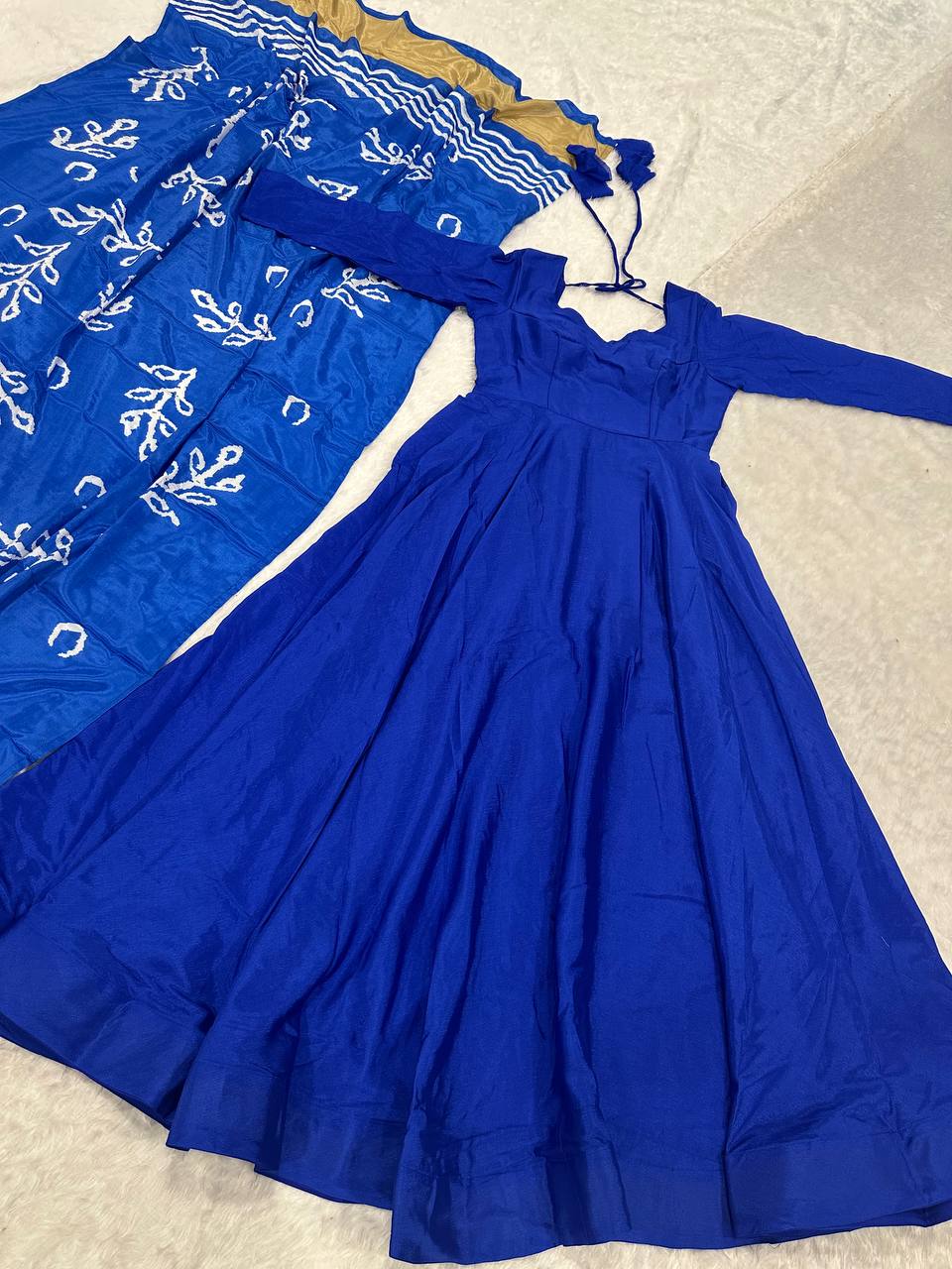 Blue Regal Chinon Silk Anarkali Gown with Digital Print Dupatta ClothsVilla