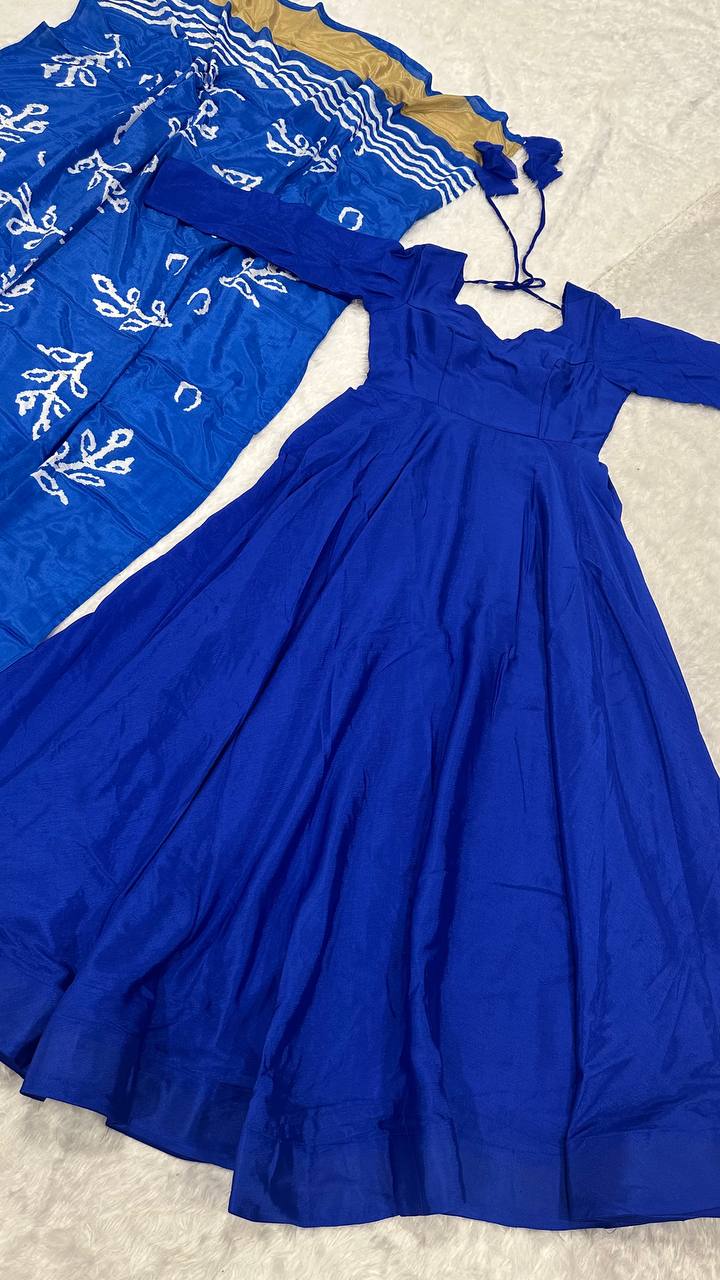 Blue Regal Chinon Silk Anarkali Gown with Digital Print Dupatta ClothsVilla