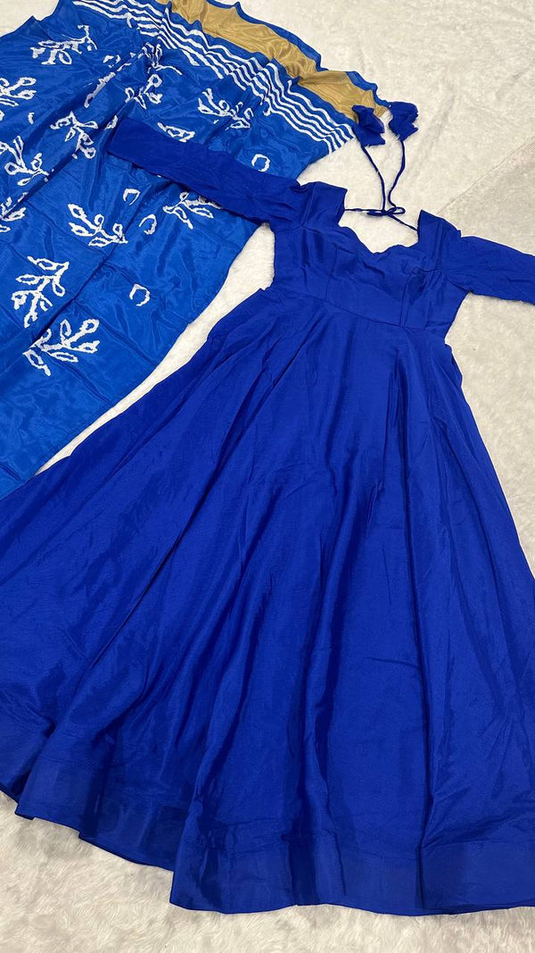 Blue Regal Chinon Silk Anarkali Gown with Digital Print Dupatta ClothsVilla