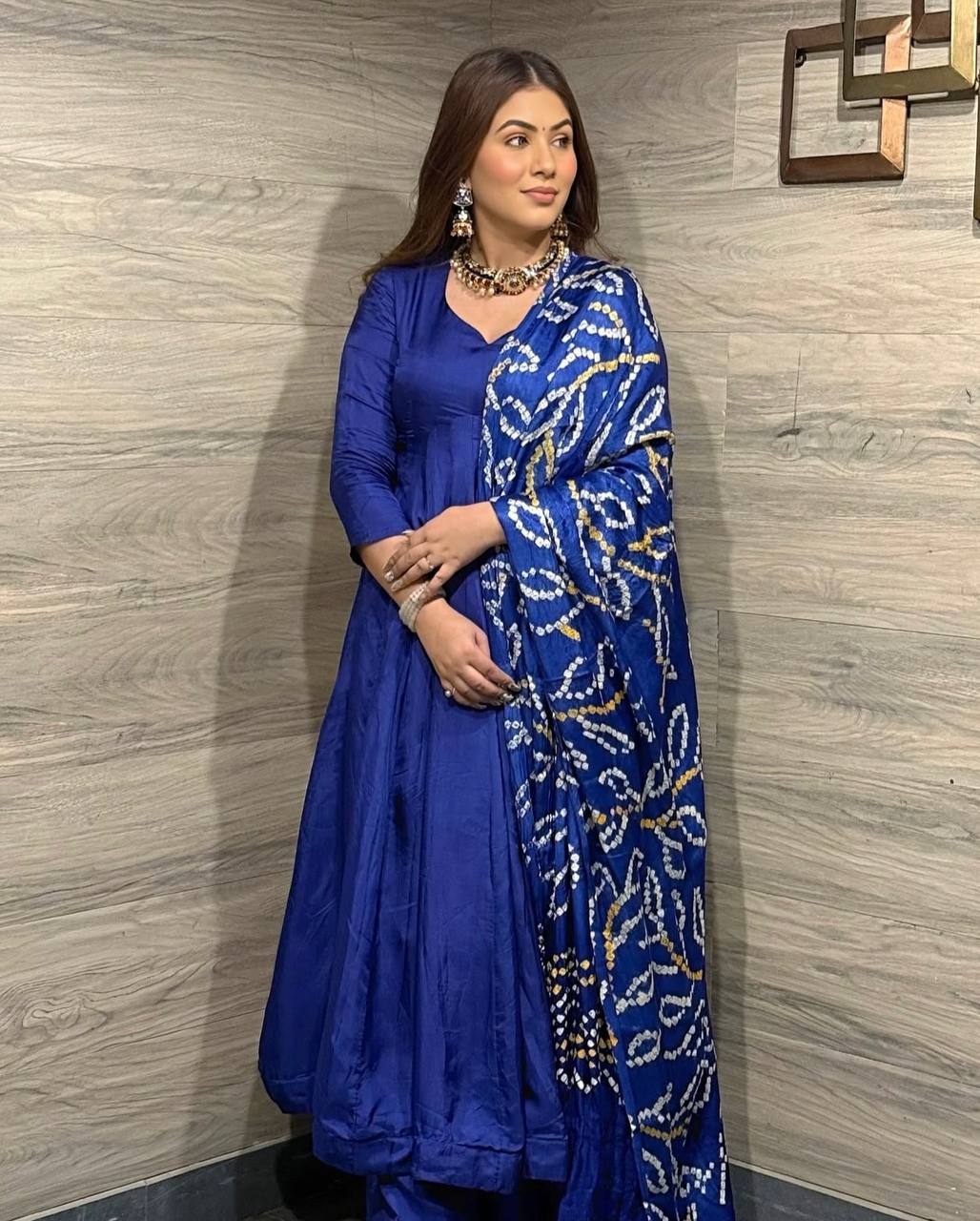 Blue Regal Chinon Silk Anarkali Gown with Digital Print Dupatta ClothsVilla