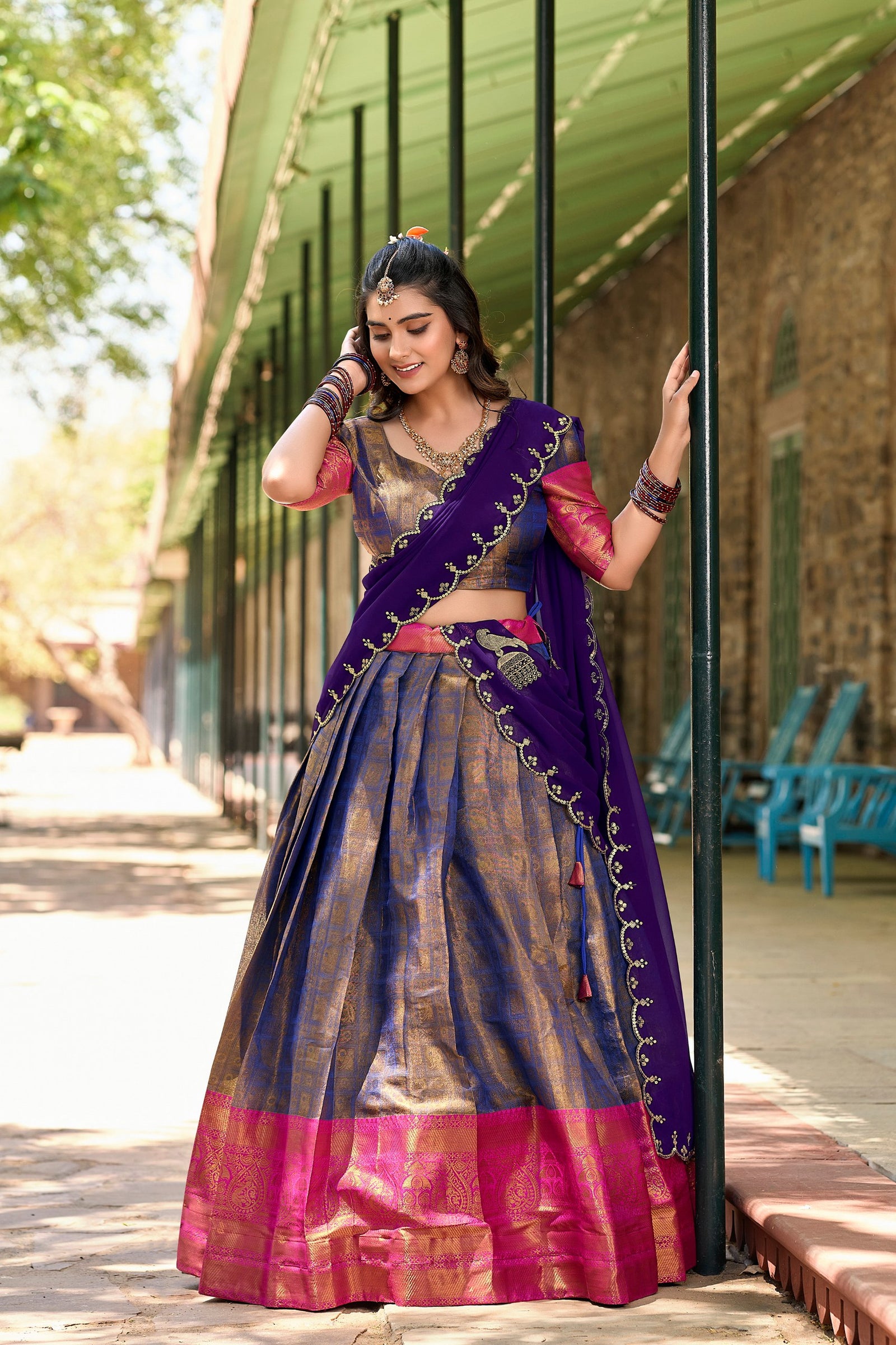 Blue Regal Zari Woven Kanjivaram Lehenga Choli with Sequin Embroidery Dupatta ClothsVilla