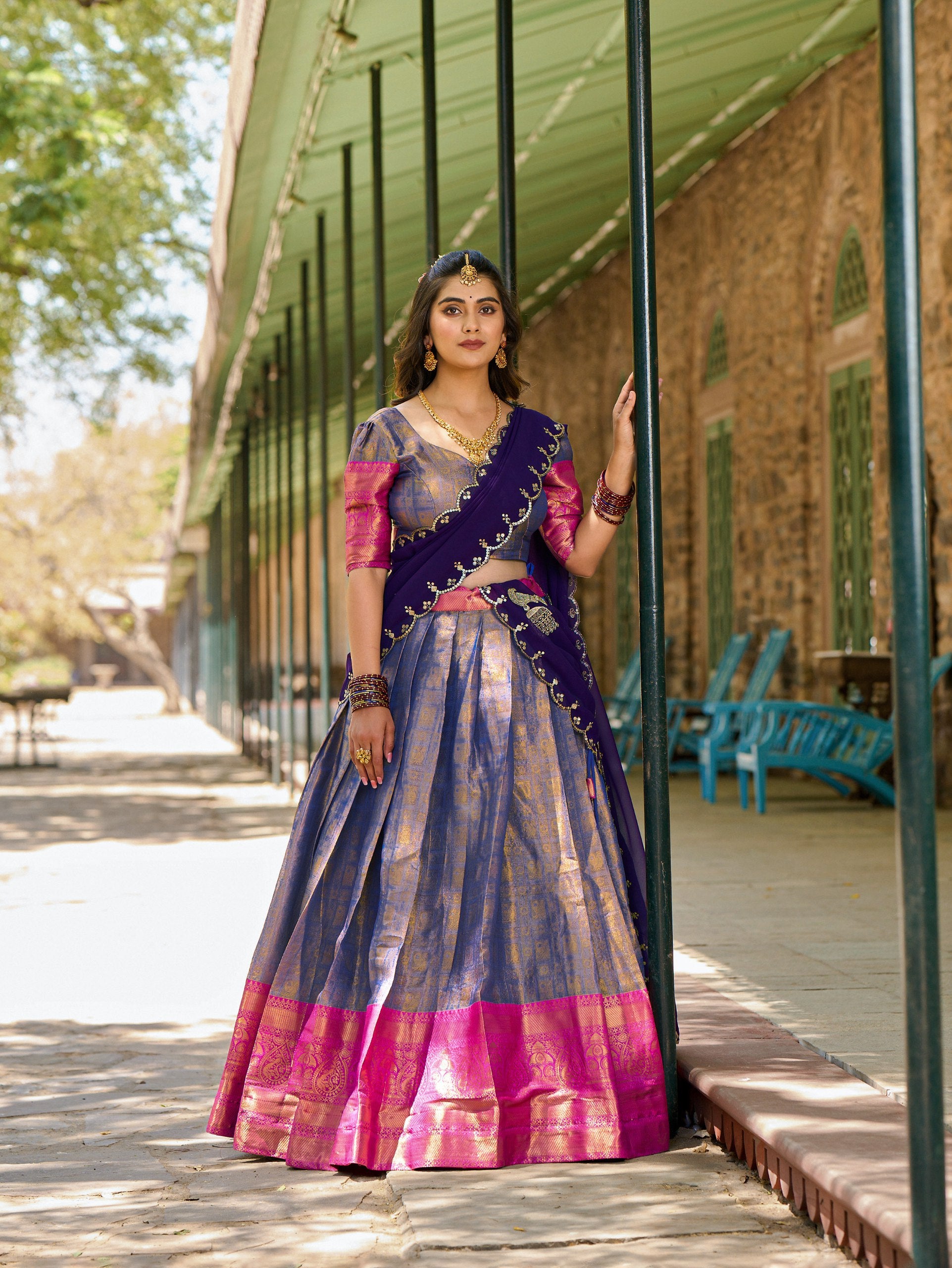 Blue Regal Zari Woven Kanjivaram Lehenga Choli with Sequin Embroidery Dupatta ClothsVilla Main image