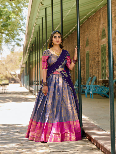 Blue Regal Zari Woven Kanjivaram Lehenga Choli with Sequin Embroidery Dupatta ClothsVilla
