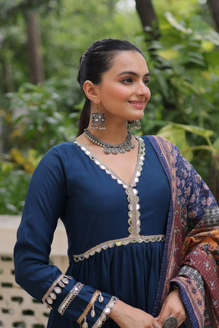 Blue Roman Fabric Frill-Stitched Gown with Maslin Crochet Dupatta ClothsVilla