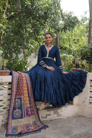 Blue Roman Fabric Frill-Stitched Gown with Maslin Crochet Dupatta ClothsVilla