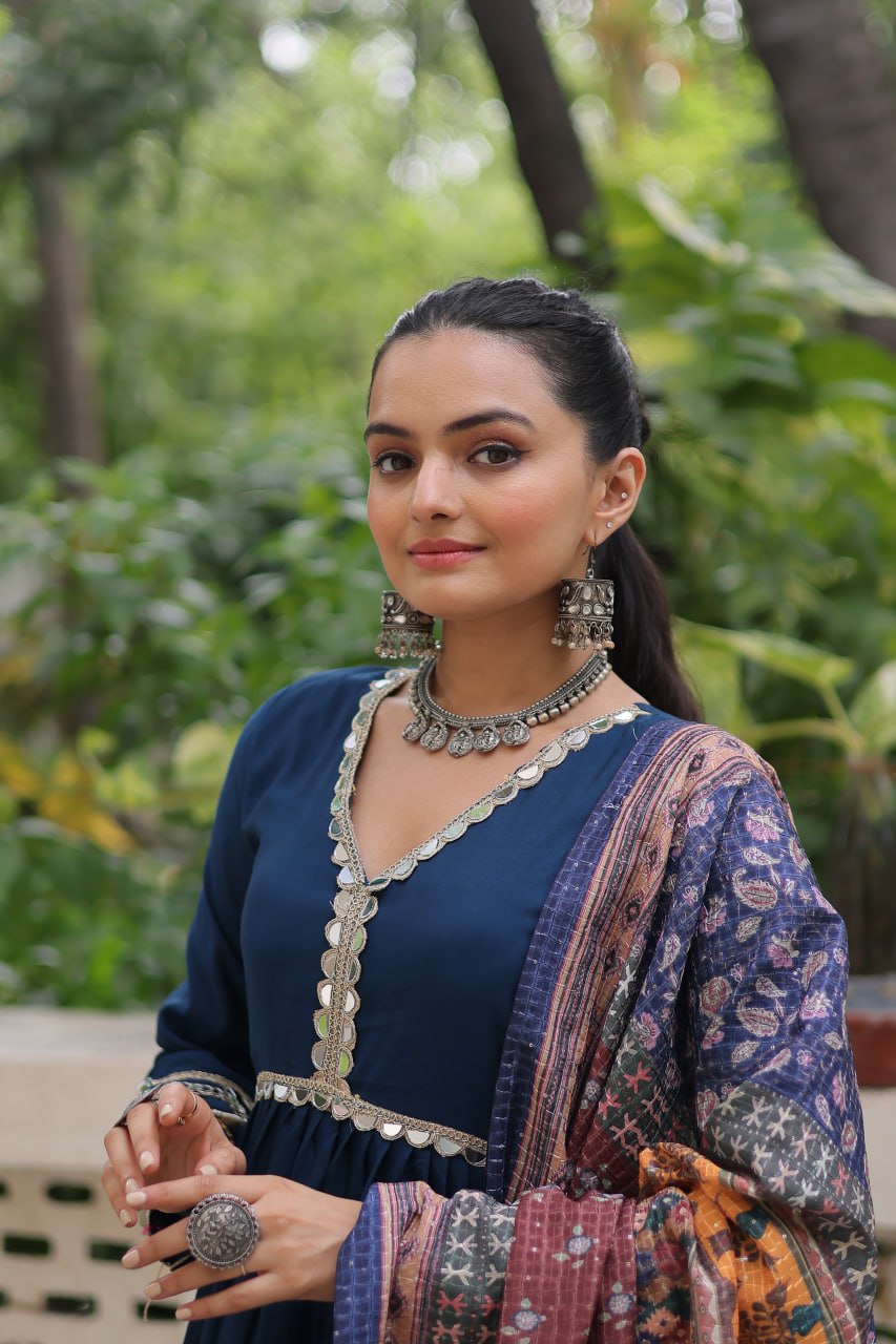 Blue Roman Fabric Frill-Stitched Gown with Maslin Crochet Dupatta ClothsVilla