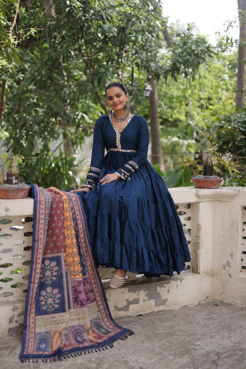 Blue Roman Fabric Frill-Stitched Gown with Maslin Crochet Dupatta ClothsVilla
