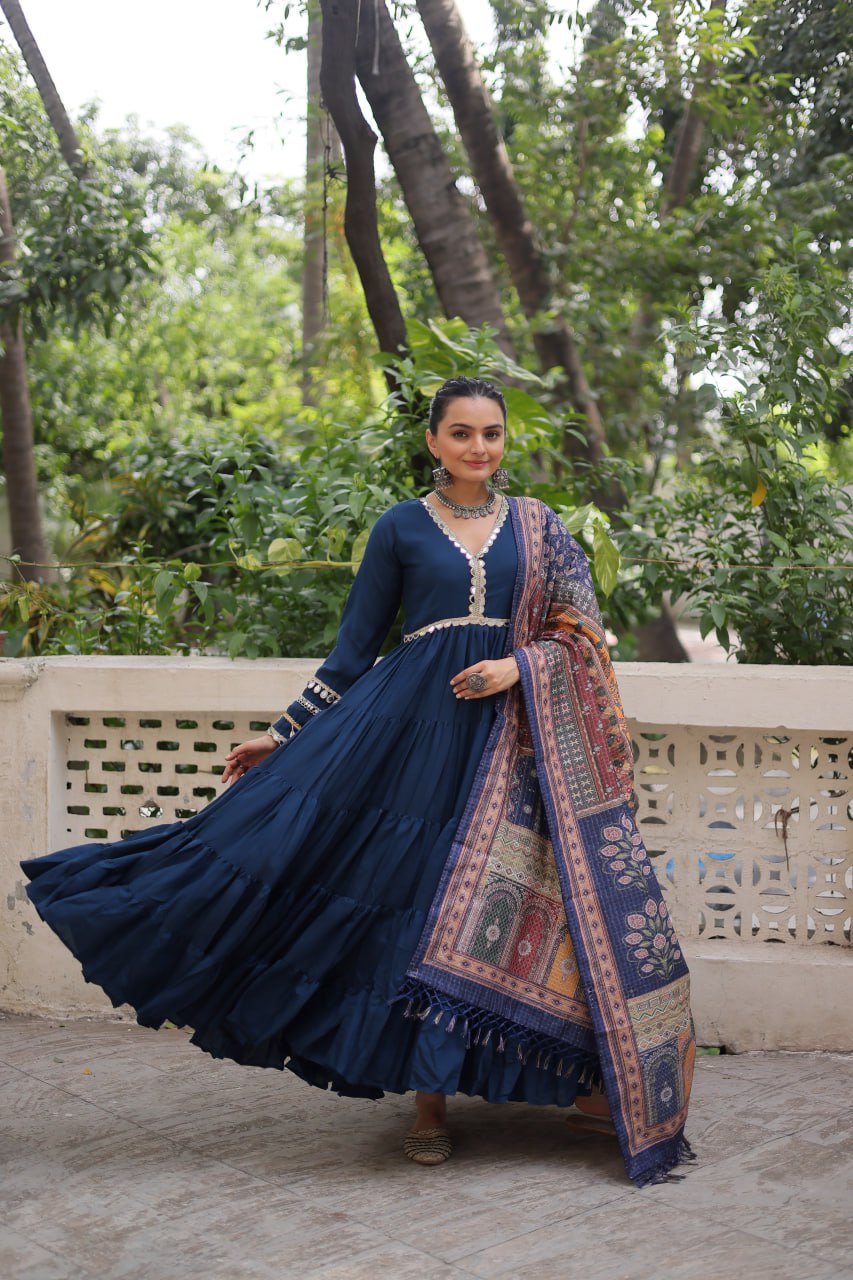Blue Roman Fabric Frill-Stitched Gown with Maslin Crochet Dupatta ClothsVilla