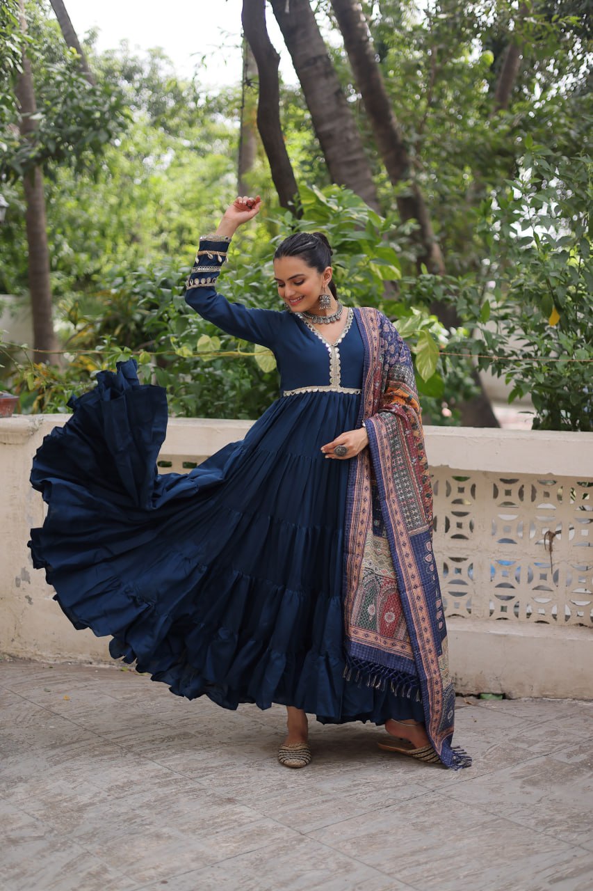 Blue Roman Fabric Frill-Stitched Gown with Maslin Crochet Dupatta ClothsVilla
