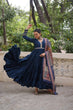 Load image into Gallery viewer, Blue Roman Fabric Frill-Stitched Gown with Maslin Crochet Dupatta ClothsVilla