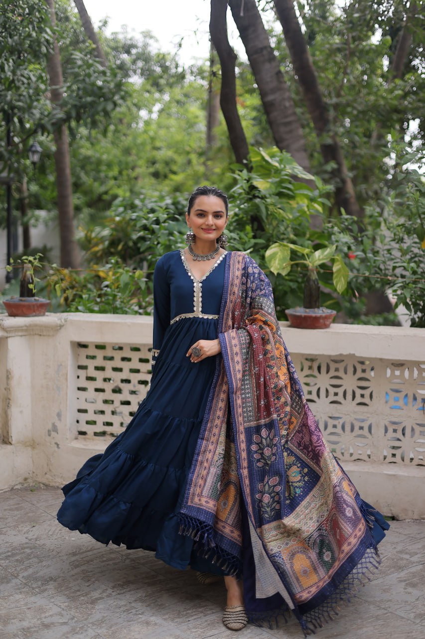 Blue Roman Fabric Frill-Stitched Gown with Maslin Crochet Dupatta ClothsVilla