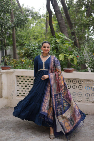 Blue Roman Fabric Frill-Stitched Gown with Maslin Crochet Dupatta ClothsVilla