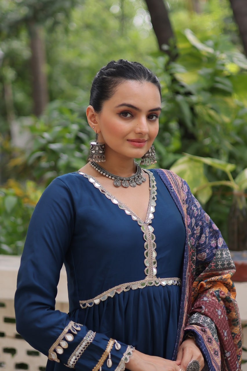 Blue Roman Fabric Frill-Stitched Gown with Maslin Crochet Dupatta ClothsVilla