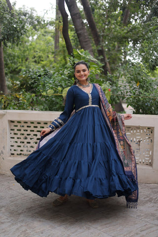 Blue Roman Fabric Frill-Stitched Gown with Maslin Crochet Dupatta ClothsVilla
