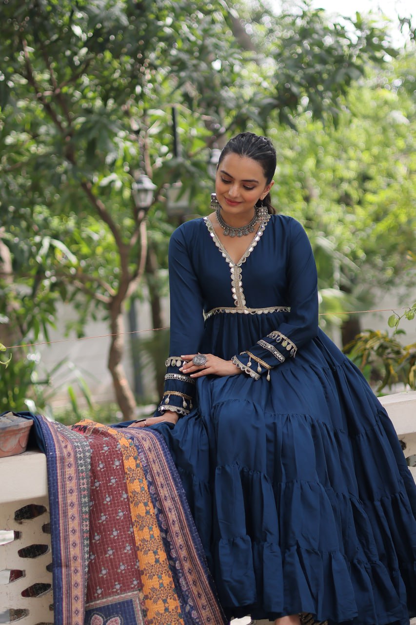Blue Roman Fabric Frill-Stitched Gown with Maslin Crochet Dupatta ClothsVilla