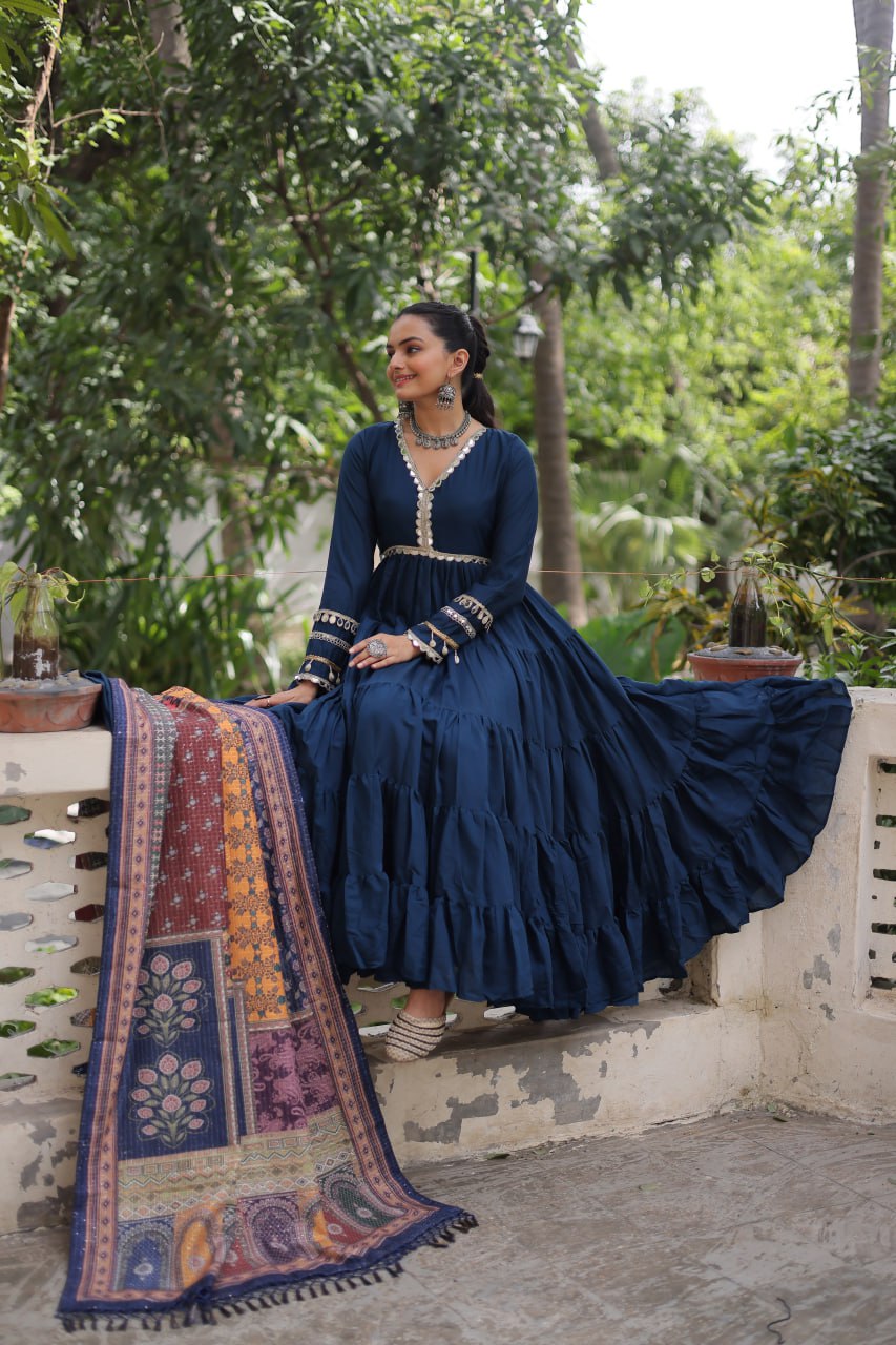 Blue Roman Fabric Frill-Stitched Gown with Maslin Crochet Dupatta ClothsVilla