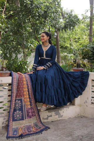 Blue Roman Fabric Frill-Stitched Gown with Maslin Crochet Dupatta ClothsVilla