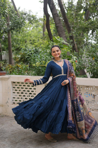Blue Roman Fabric Frill-Stitched Gown with Maslin Crochet Dupatta ClothsVilla