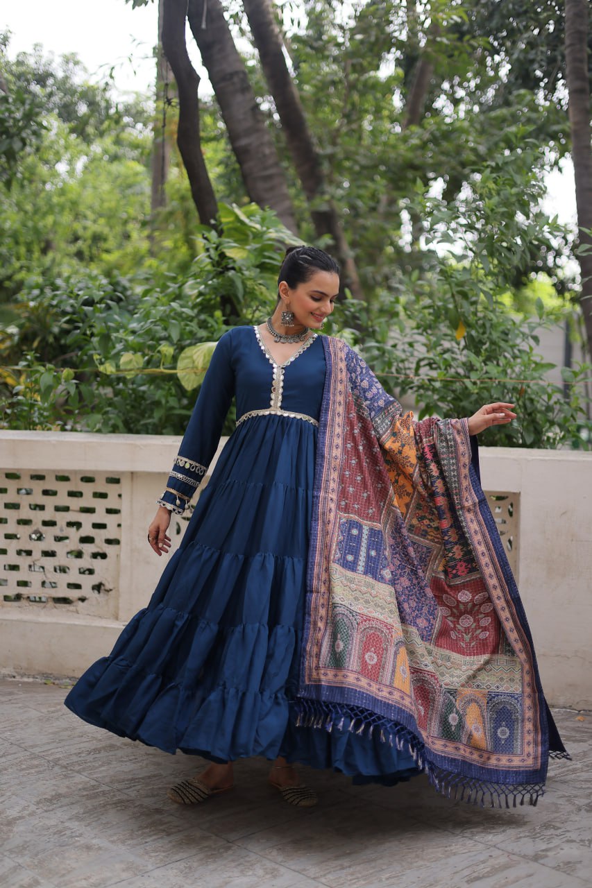 Blue Roman Fabric Frill-Stitched Gown with Maslin Crochet Dupatta ClothsVilla