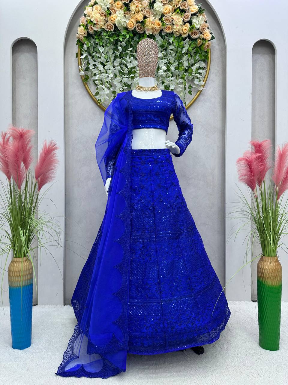 Blue Royal Butterfly Net Zari & Sequence Work Lehenga Set ClothsVilla